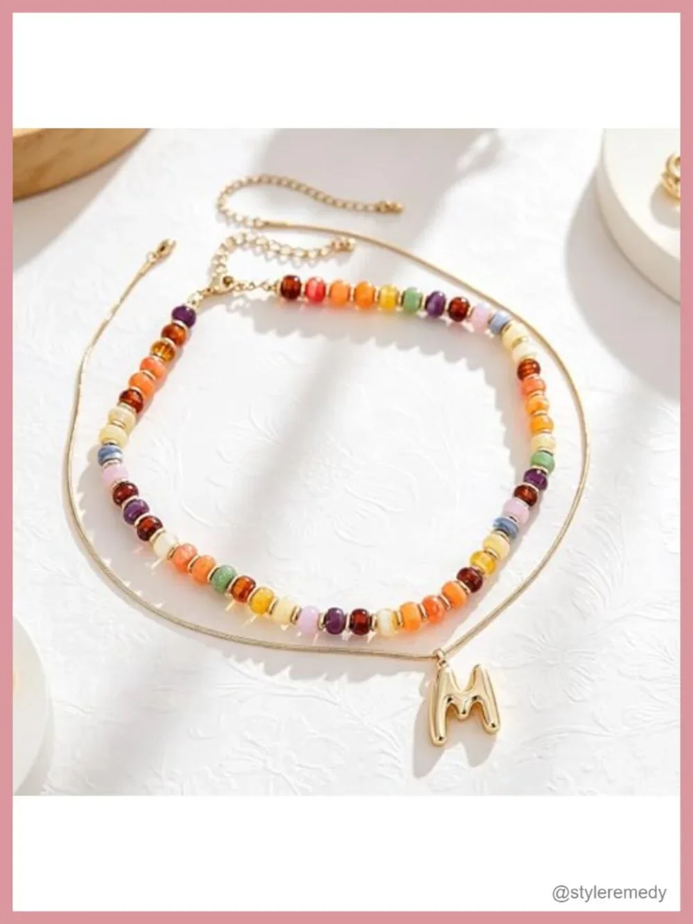 Layered Initial Pendant with Beaded Choker, 14K Gold Plated Acrylic